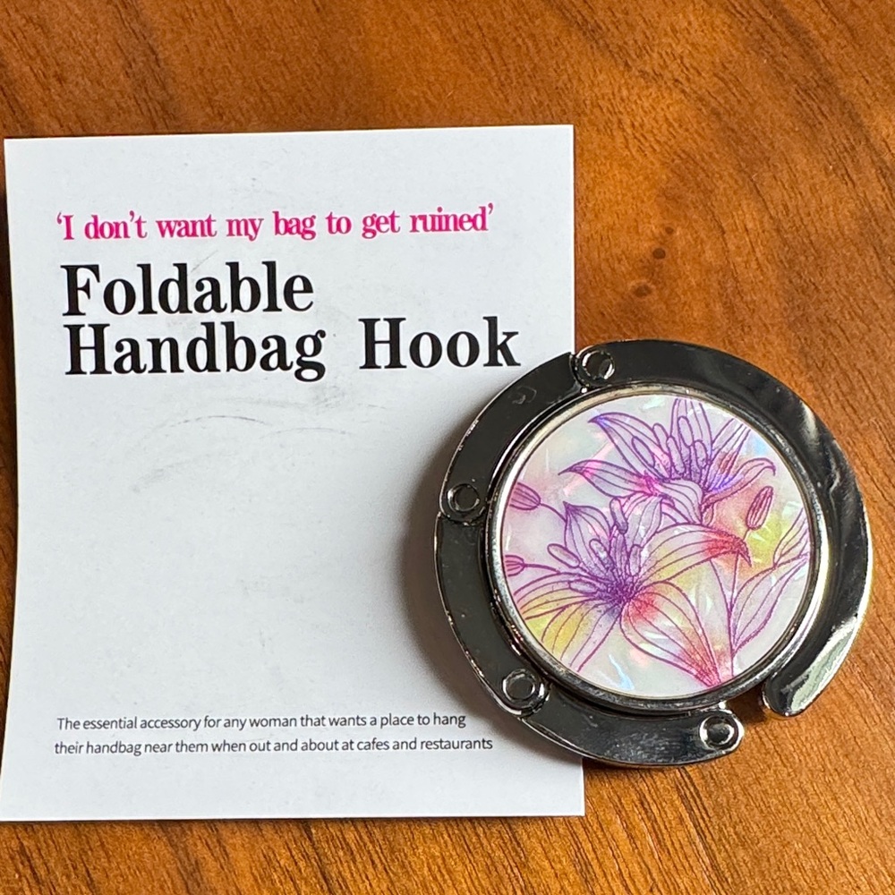 Foldable Handbag Hook with Pink and Yellow Floral Inset